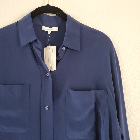 Vince Silk Oversized Buttondown Blouse Navy Small - Picture 5 of 6